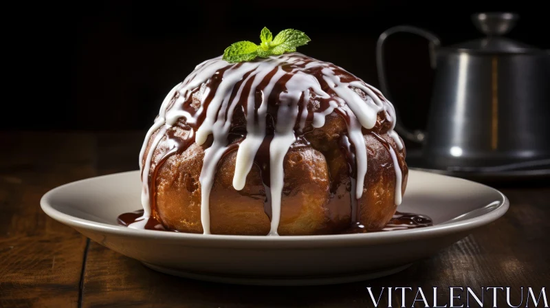 Delicious Cinnamon Roll with Chocolate and Mint Garnish AI Image