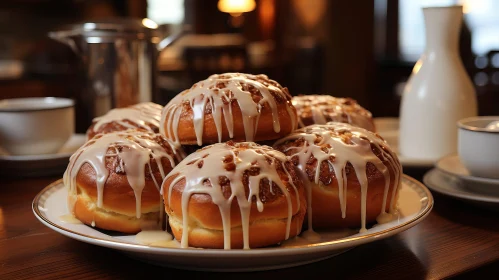 Delicious Doughnuts with Sweet Glaze and Nuts on Wooden Table