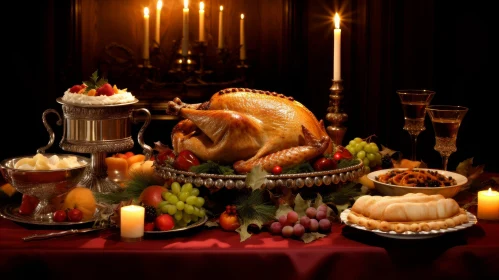Festive Dinner Table with Roasted Turkey and Traditional Sides