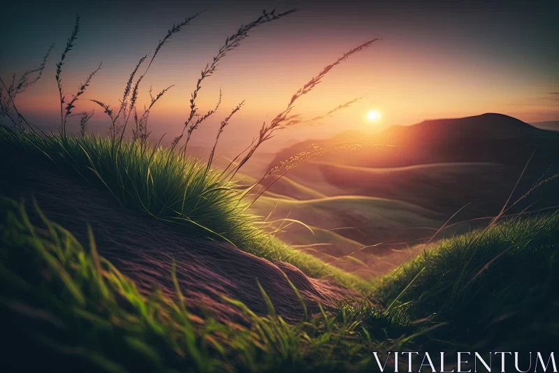 Lush and Detailed Sunset Landscape with Grass on a Hill AI Image