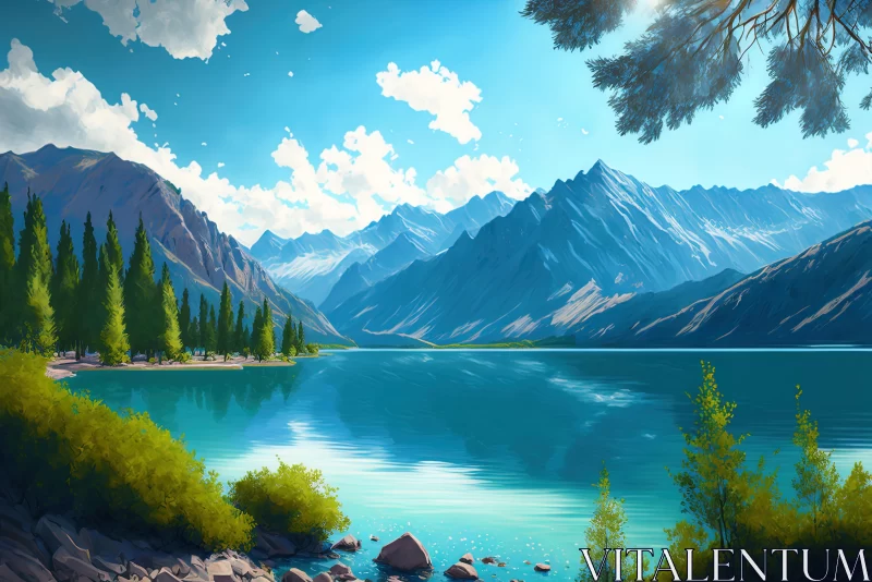 Majestic Mountains and Turquoise Lake - Realistic Landscape Painting AI Image