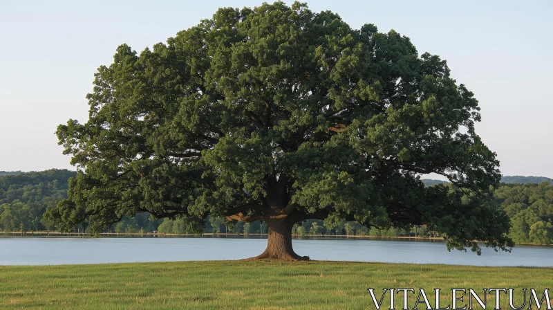 Majestic Oak Tree in Field by Tranquil Lake AI Image