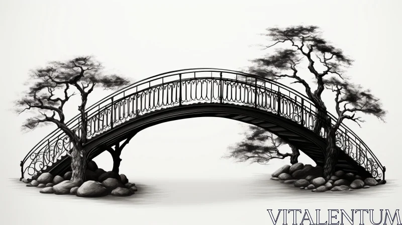 AI ART Metal Bridge Drawing with Trees in Black and White