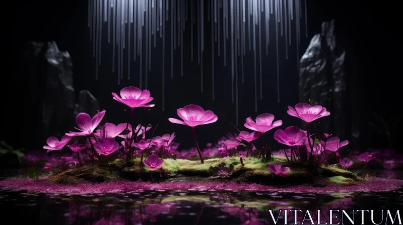 AI ART Pink Flower in Mysterious Landscape with Glowing Waterfall
