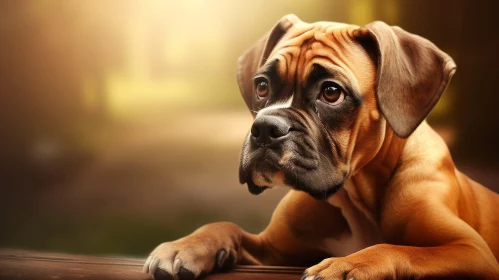 Sad Boxer Dog Portrait on Wooden Surface