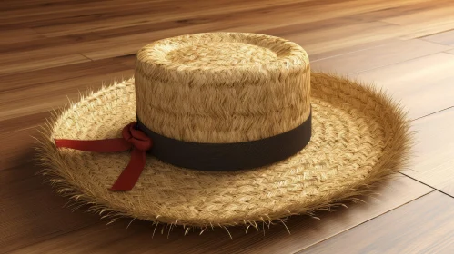 Stylish Straw Hat with Red Ribbon on Wooden Background