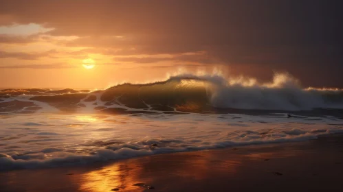 Tranquil Beach Sunset with Surfer | Orange Sky
