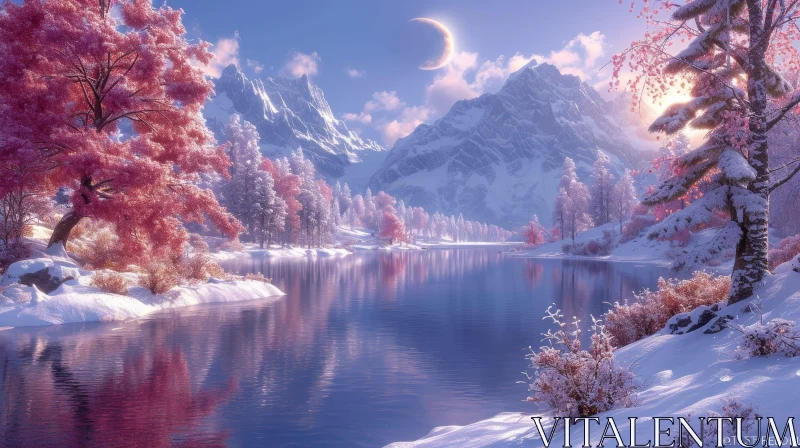 Winter Landscape: Snow, Trees, and Mountains AI Image