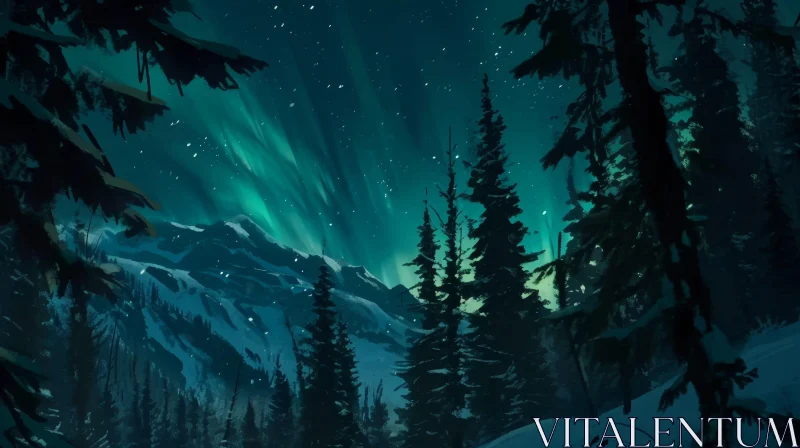 Winter Landscape with Aurora Borealis and Stars AI Image