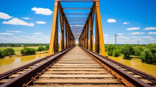 Yellow Metal Railroad Bridge Over Calm River