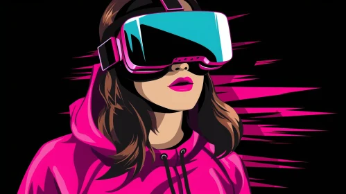 Young Woman in Virtual Reality Headset - Illustration