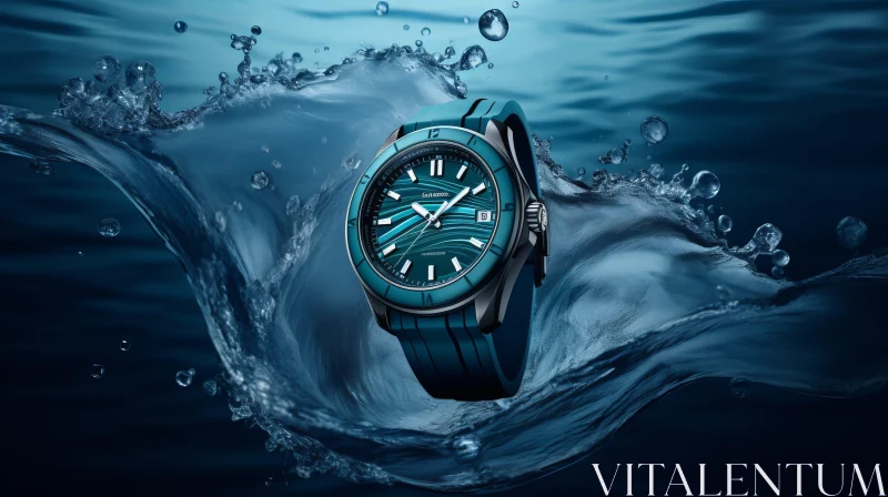 AI ART Blue and Black Wristwatch Submerged in Water
