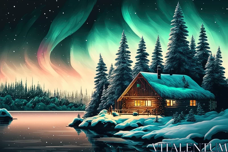 Captivating Cabin on a Snowy Lake with Aurora Lights - Colored Cartoon Style AI Image