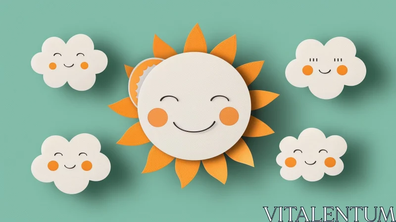 Cheerful Sun and Clouds Cartoon Illustration AI Image