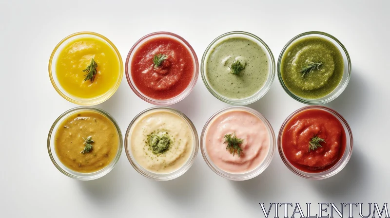 Colorful Glass Bowls with Sauces and Garnish AI Image