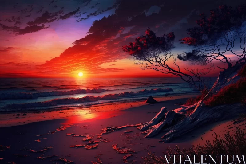 Colorful Sunset on Beach: Romantic Illustration in Dark Red and Dark Azure AI Image