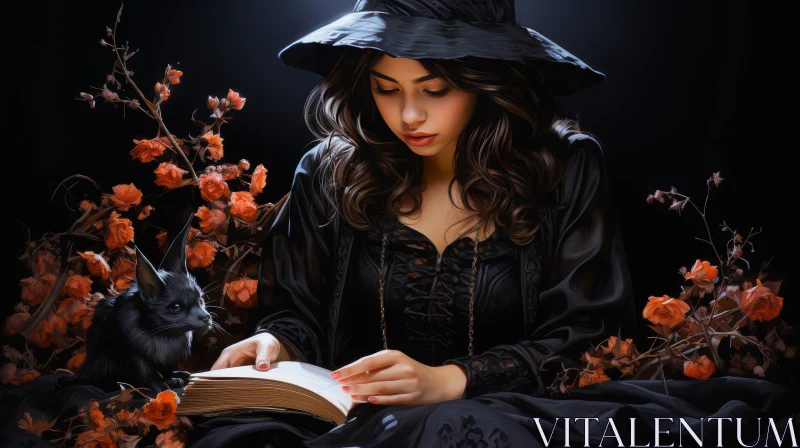 Enchanting Witch Reading in Dark Forest AI Image
