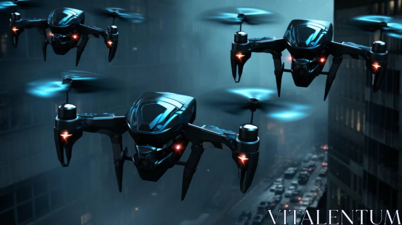 AI ART Futuristic Black Drones in Urban Environment