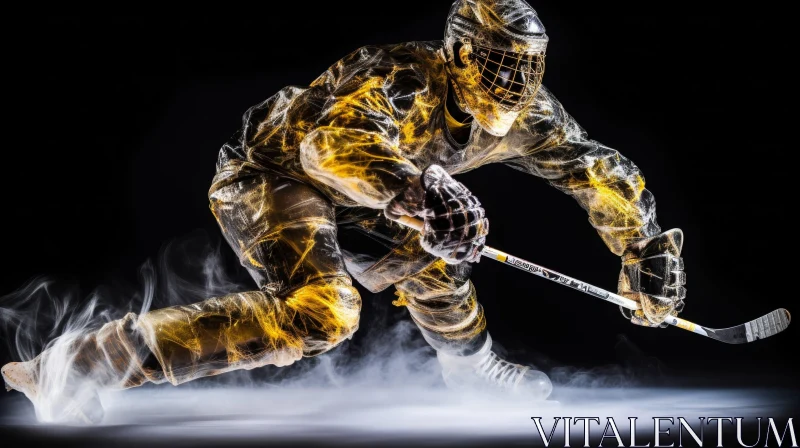 Intense Ice Hockey Player in Gold Uniform Skating AI Image