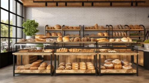 Modern Bakery with Variety of Breads on Display