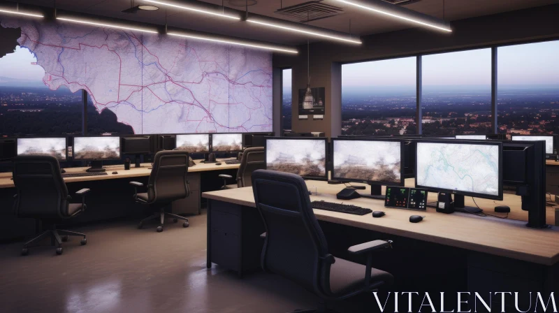 Modern Control Room with Computer Workstations AI Image