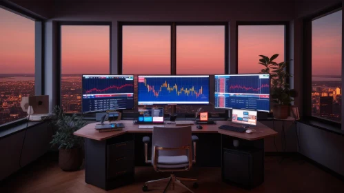 Modern Office with Computer Monitors and Trading Platform