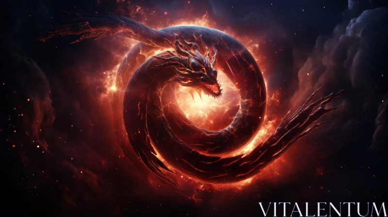 Mystical Dragon in Fiery Night Sky AI Image
