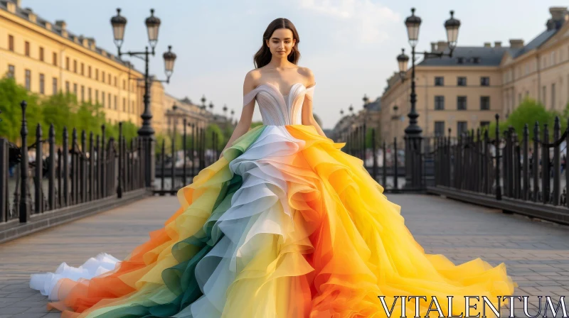 Rainbow-Colored Dress Woman on Bridge at Sunset AI Image