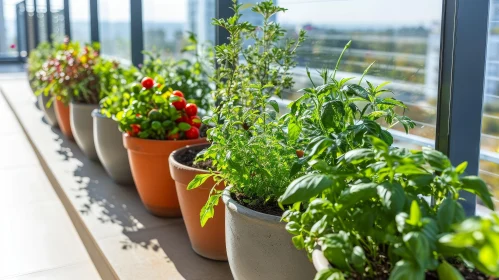Sunlit Potted Plants on Windowsill with Tomato and Basil