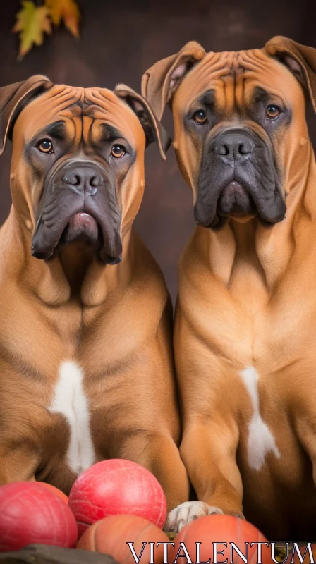Brown Bulldogs with Serious Expressions and Red Balls AI Image