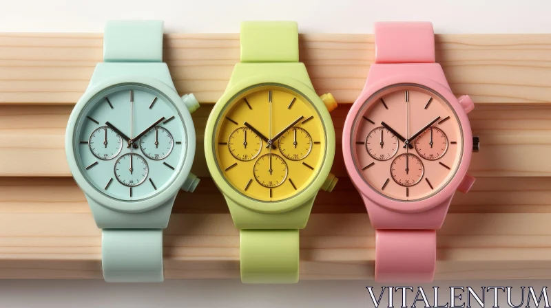 Colorful Wristwatches on Wooden Surface AI Image