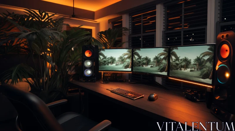 AI ART Dark Gaming Room with Tropical Beach Monitors