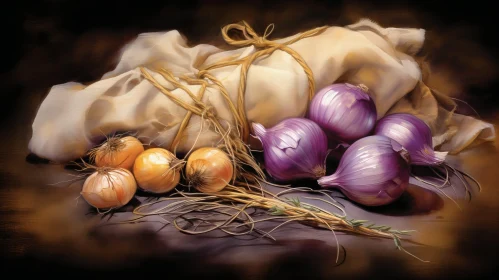 Dark Still Life: Onions Arrangement on Table
