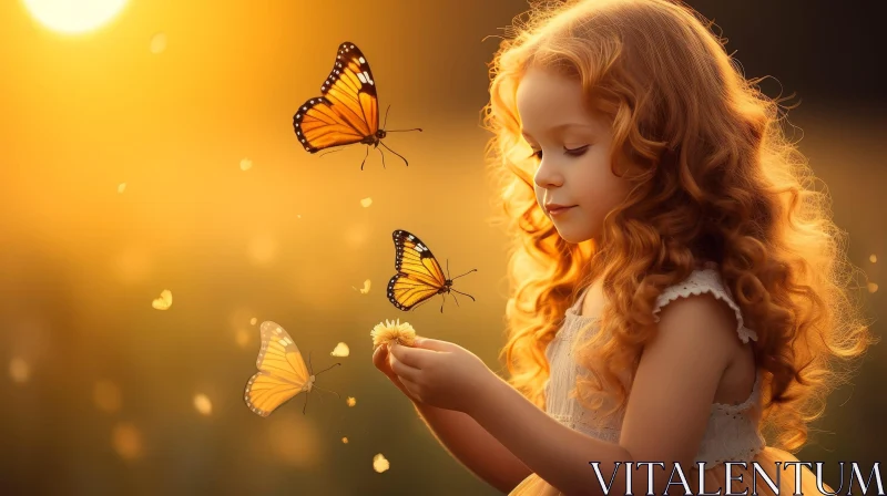 Enchanting Flower Field Scene with Girl and Butterflies AI Image