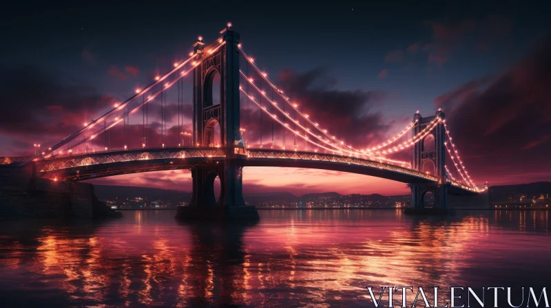 Night Bridge Illuminated by Pink Lights Over River AI Image