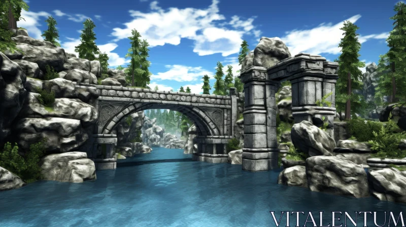 Stone Bridge Over River: 3D Rendering Nature Scene AI Image