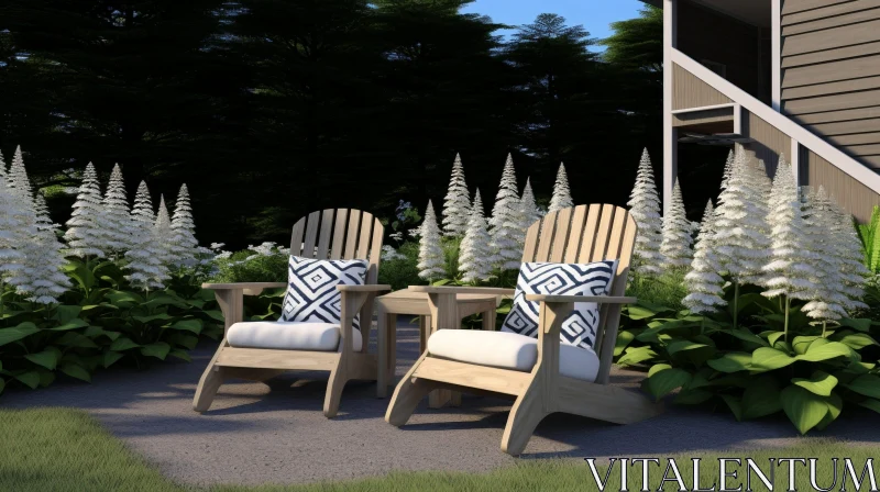 Tranquil Garden Scene with Wooden Armchairs and Flowers AI Image
