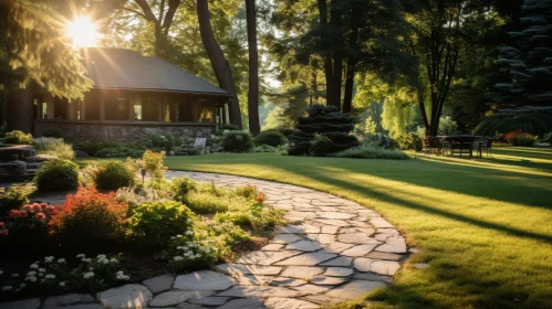 Tranquil Summer Landscape with Stone House and Trees