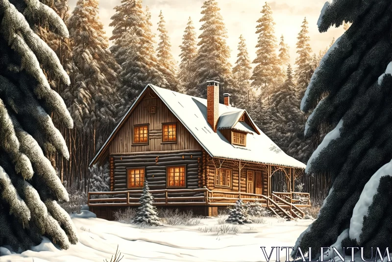 Winter Cabin in Snowy Forest - Detailed Character Illustration AI Image
