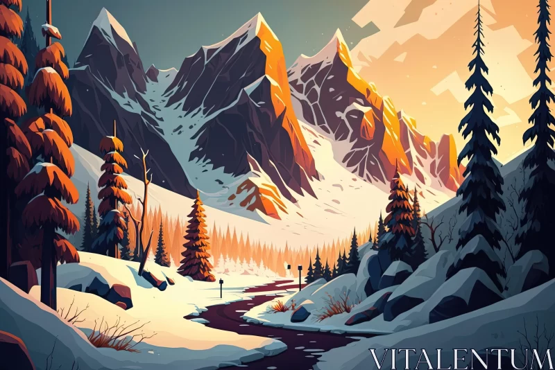 Winter Landscape: Serene Snowy Scene with Mountains and Trees AI Image