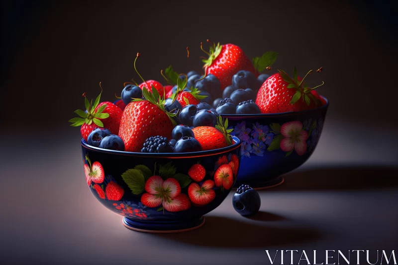 Blue Bowls with Strawberries - Detailed Perfection and Rich Colors AI Image