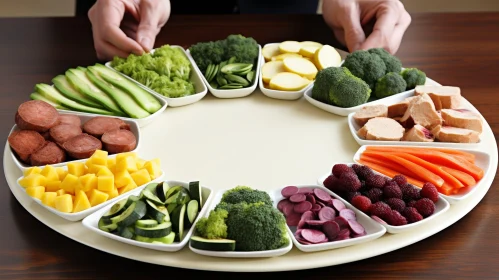 Circular Wooden Table with Colorful Food Sections