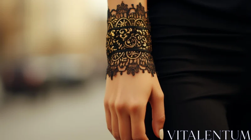 AI ART Elegant Black Lace Bracelet with Gold Embroidery
