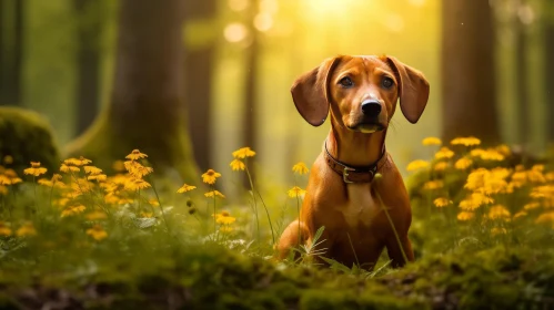 Happy Dachshund in Field of Yellow Flowers