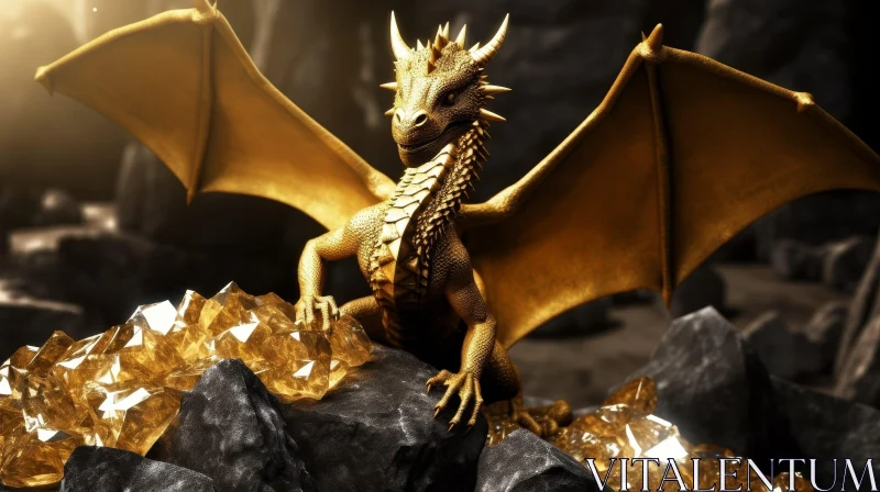 Majestic Golden Dragon on Crystal Mountain - 3D Fantasy Art AI Image
