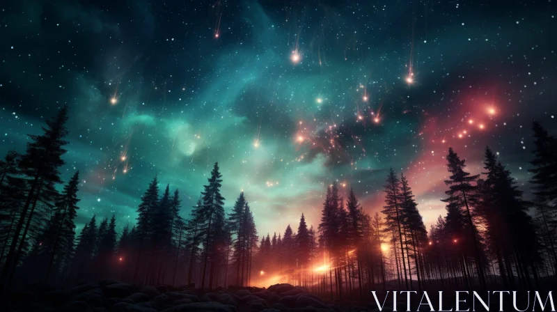 Night Forest Landscape with Aurora Borealis AI Image