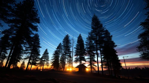 Night Sky Stars Trees Cabin Serene