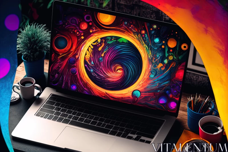 AI ART Colorful Abstract Swirl Pattern Laptop on Desk with Various Objects