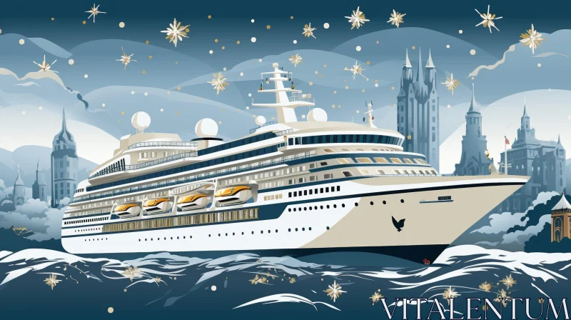 Cruise Ship at Sea Illustration - Retro Cartoon Style AI Image