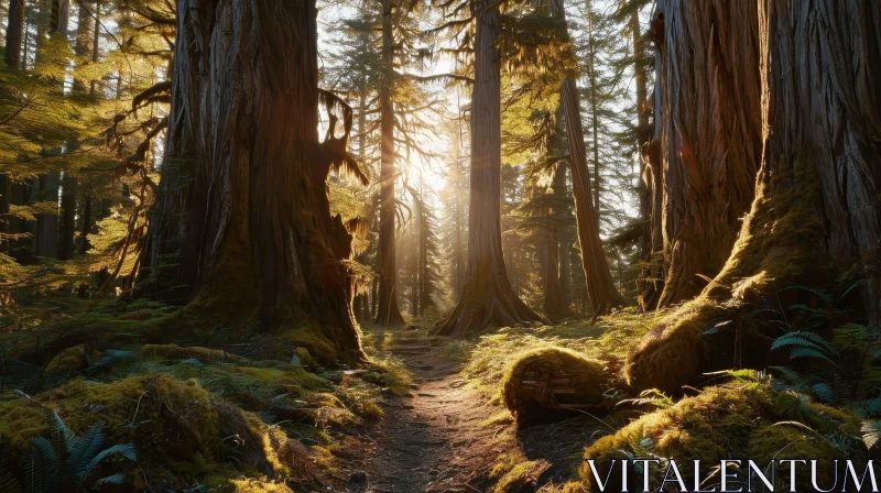 Enchanting Forest Path with Sunlight Filtering Through Trees AI Image